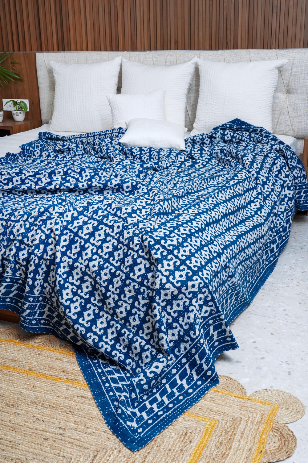 Anchor Indigo Block Printed Kantha Bedcover