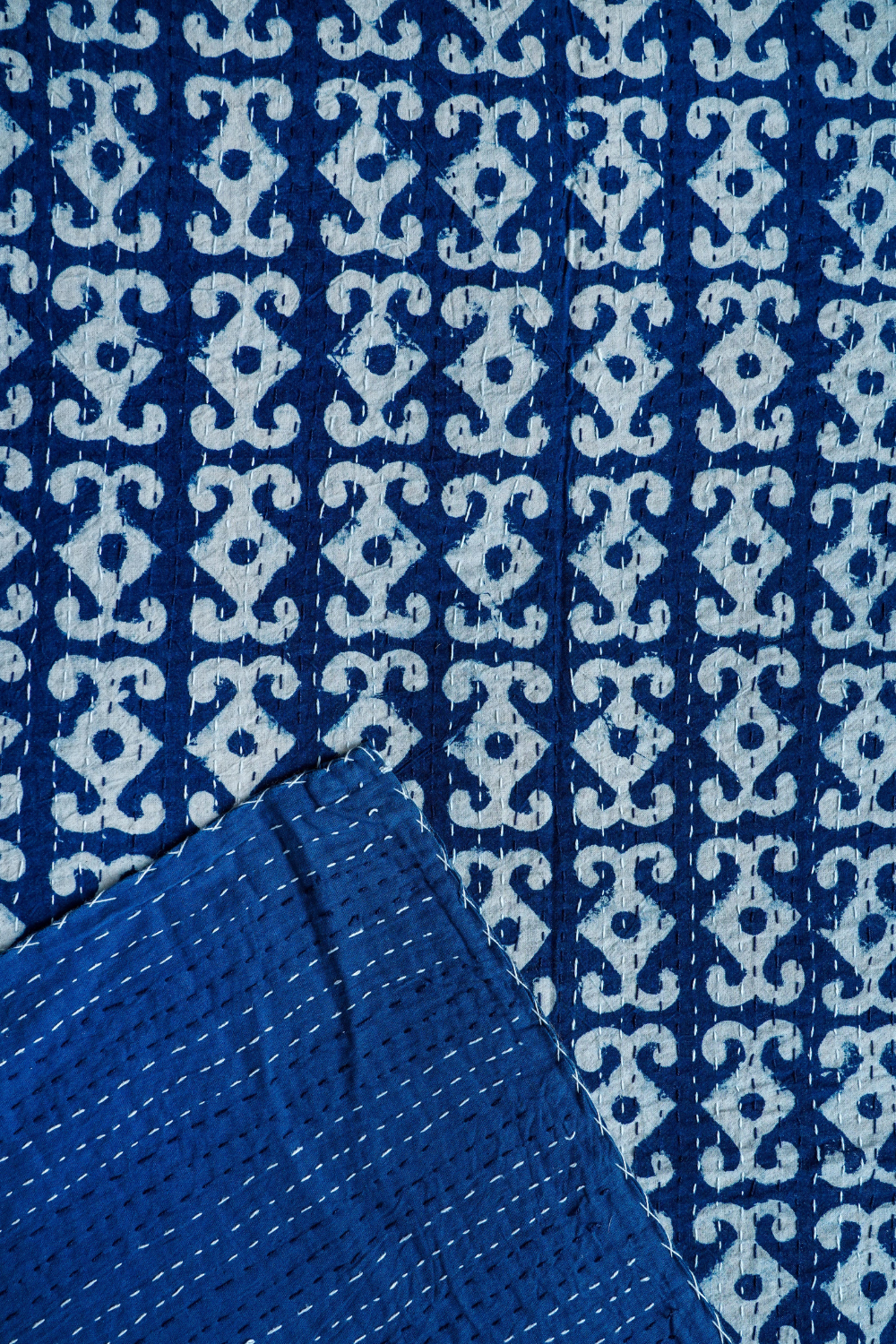 Anchor Indigo Block Printed Kantha Bedcover
