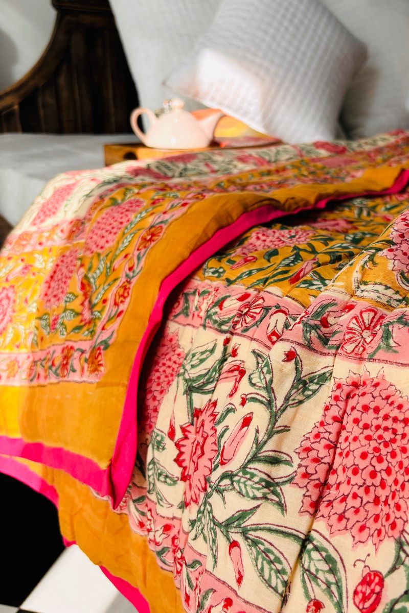 Yellow Dalia Hand Block Print Reversible Quilt