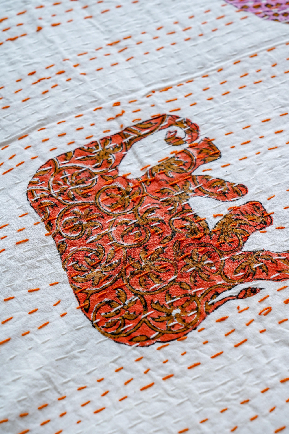 Orange Elephant Umbrella Block Printed Kantha Bedcover