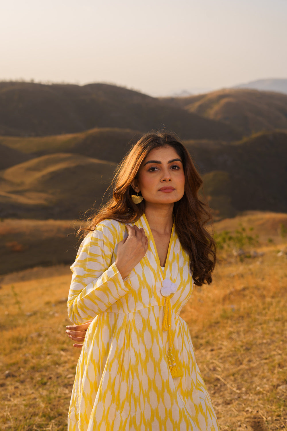 Afreen Yellow Ikkat Cotton Maxi Dress