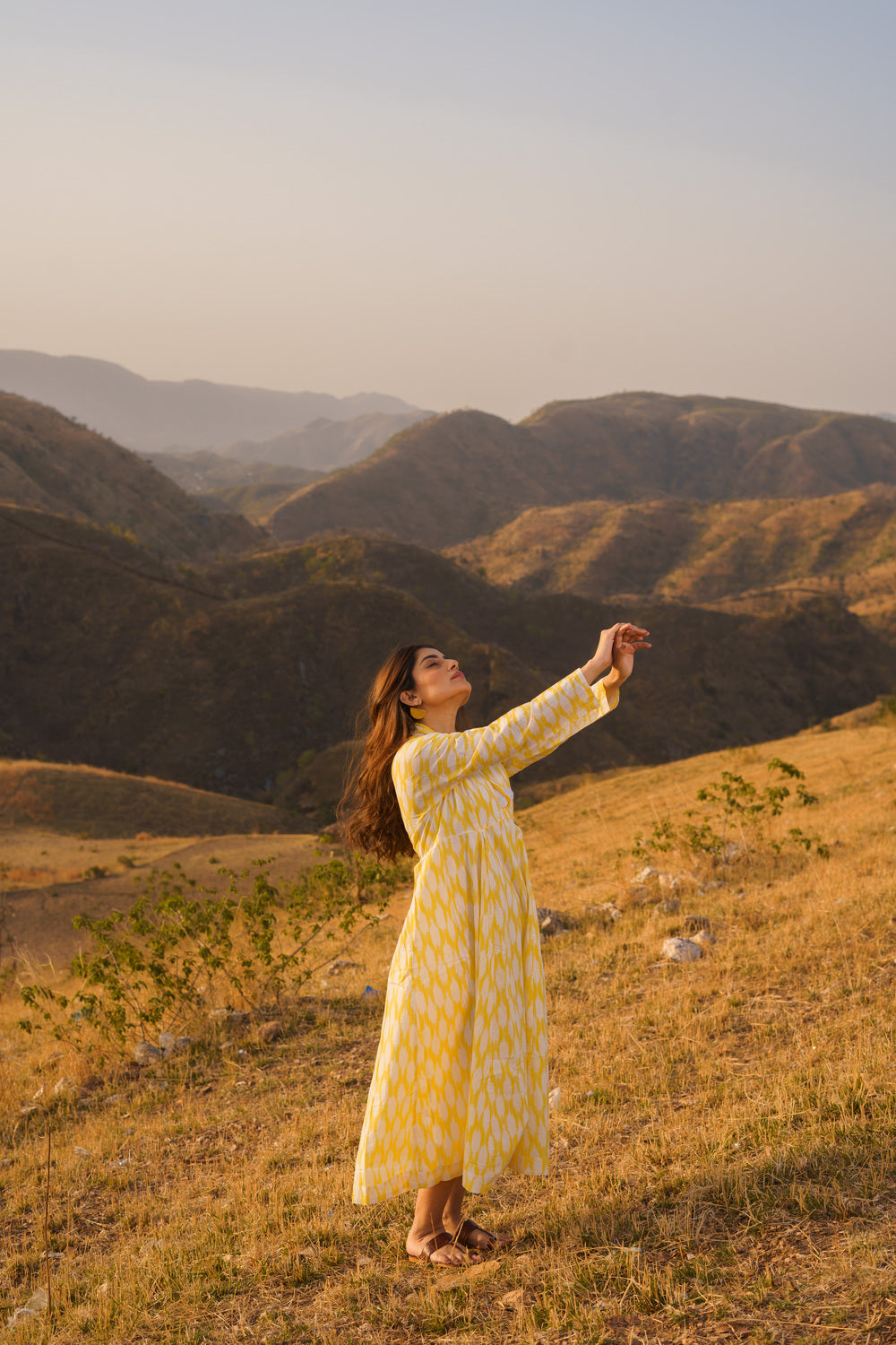 Afreen Yellow Ikkat Cotton Maxi Dress