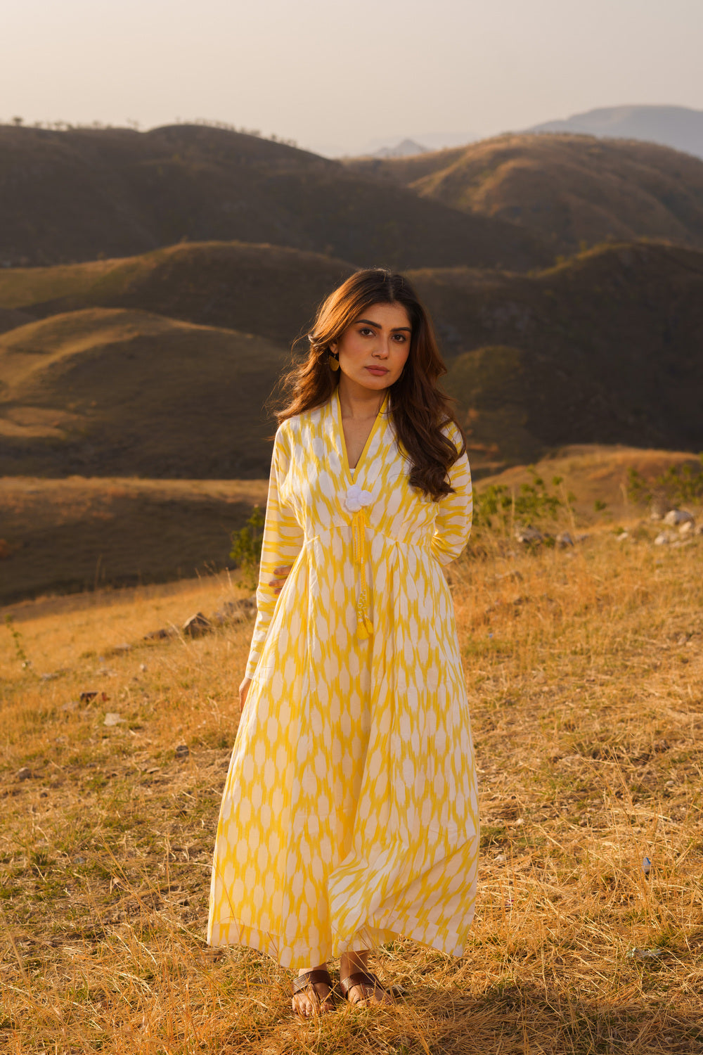 Afreen Yellow Ikkat Cotton Maxi Dress