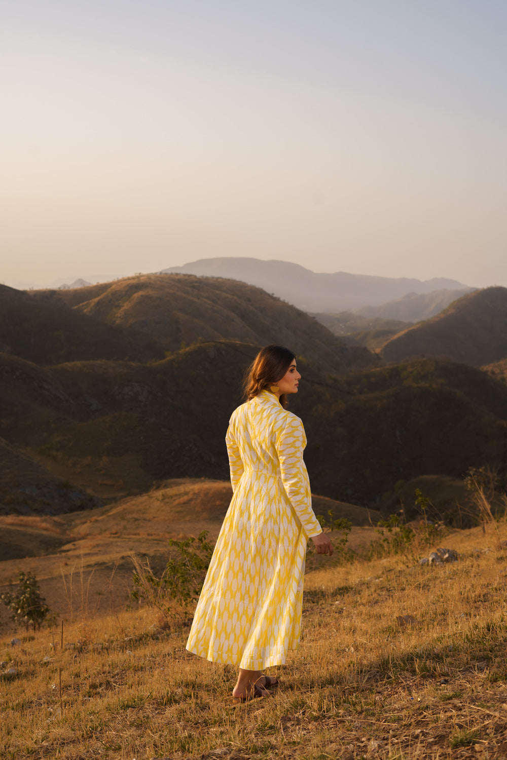 Afreen Yellow Ikkat Cotton Maxi Dress
