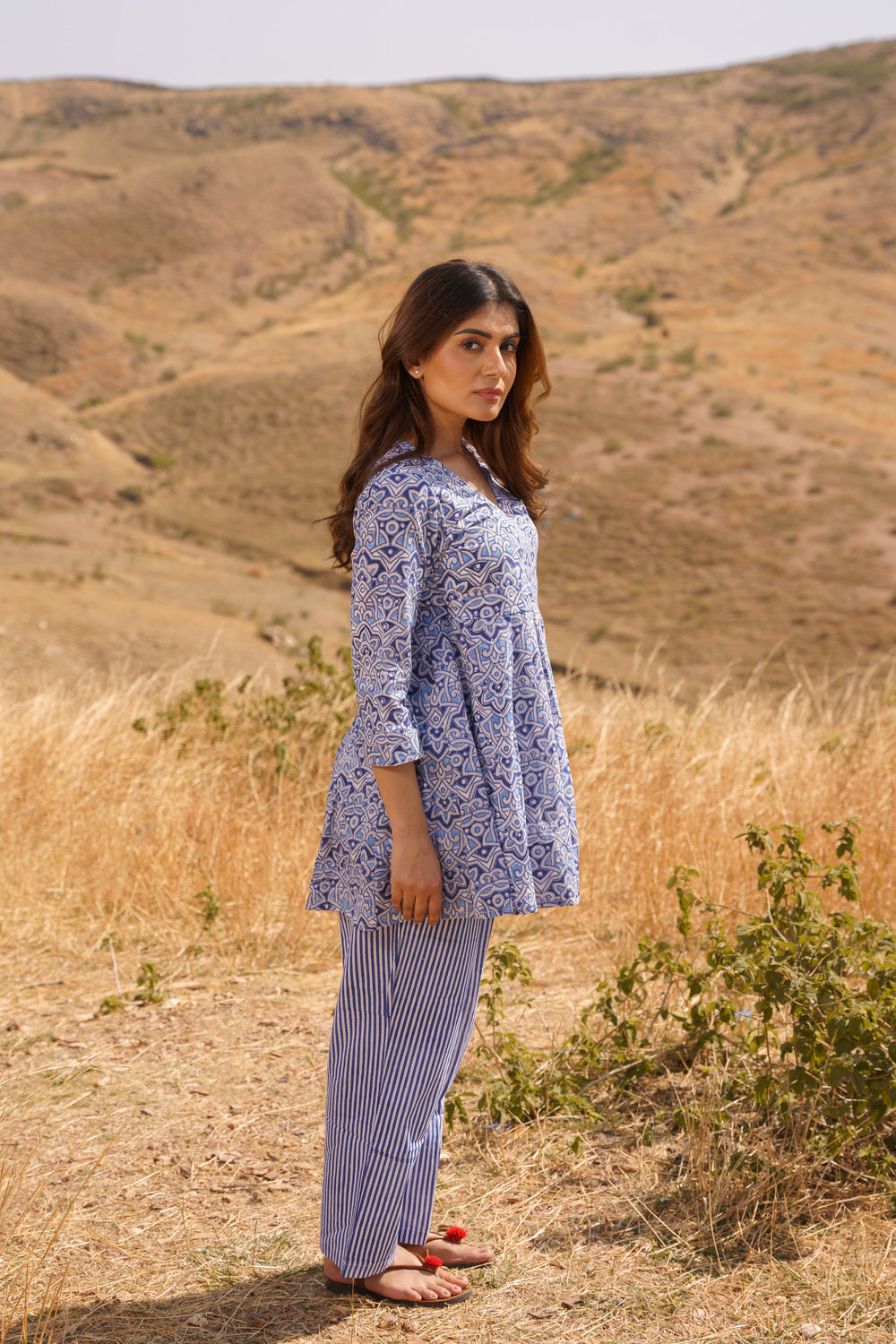 Blue Angrakha Cotton Hand Block Printed Co-ord Set