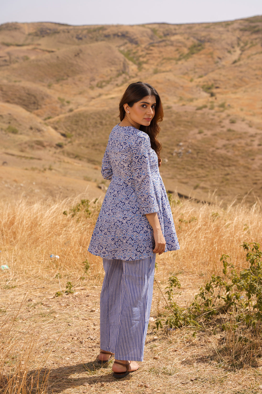 Blue Angrakha Cotton Hand Block Printed Co-ord Set