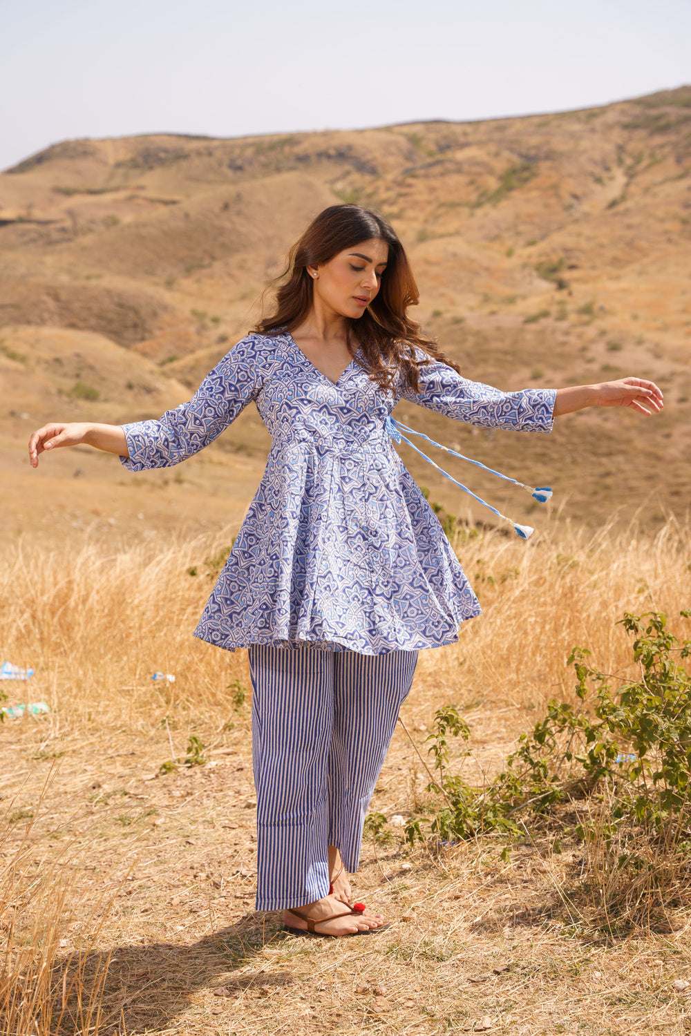 Blue Angrakha Cotton Hand Block Printed Co-ord Set