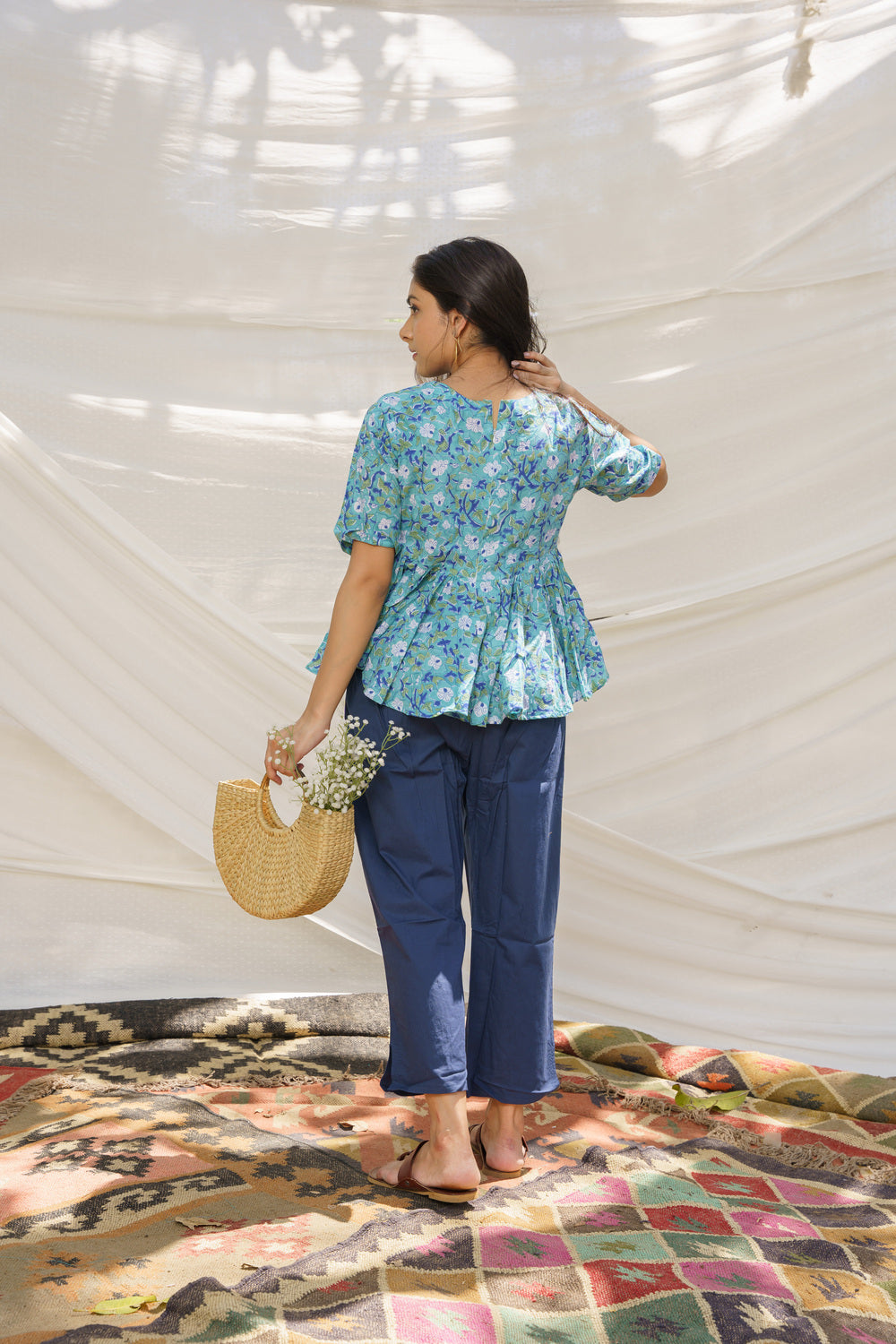 Peplum Blue Cotton Block Print Top