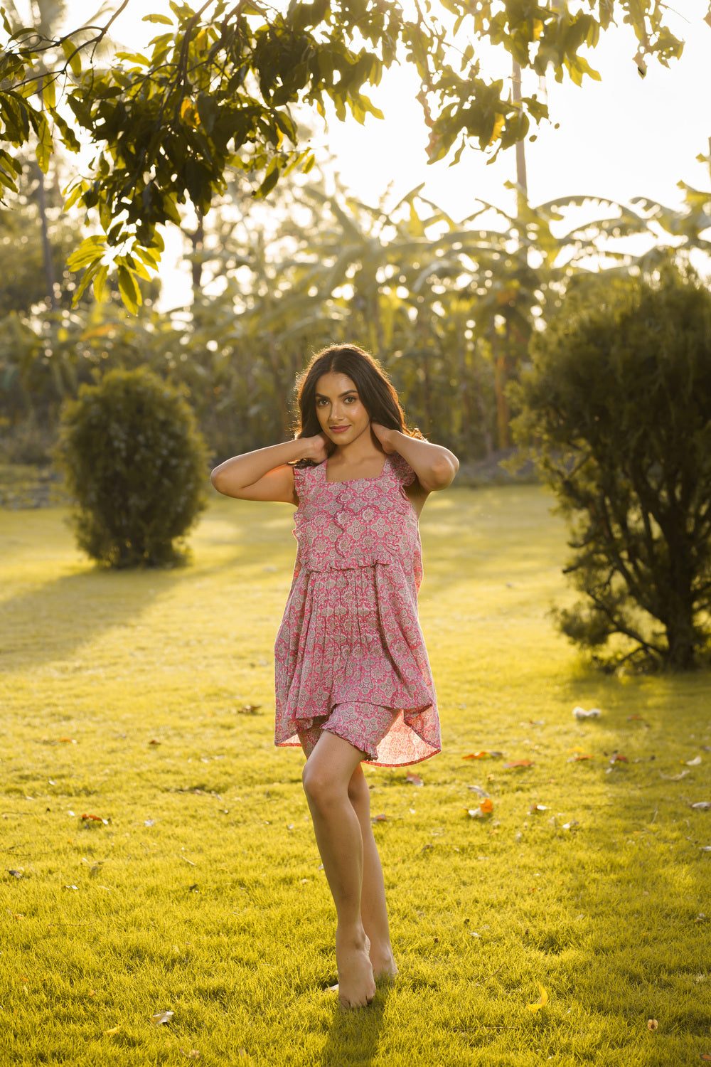 Elsa Pink Cotton Block Print Ruffled Co-ord Set