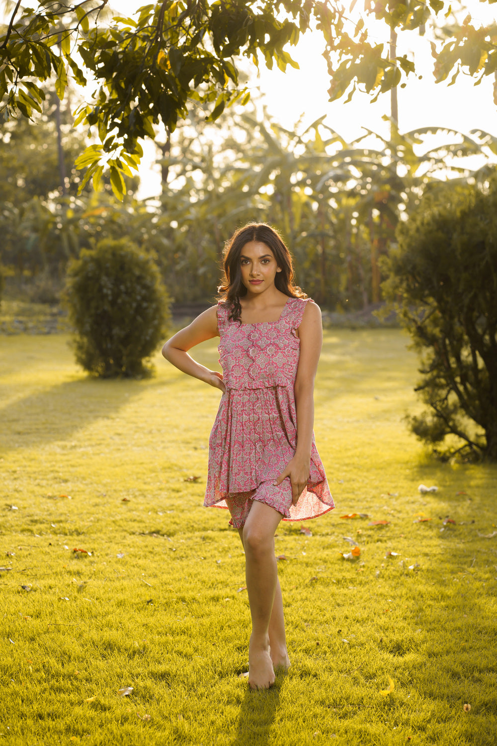 Elsa Pink Cotton Block Print Ruffled Co-ord Set