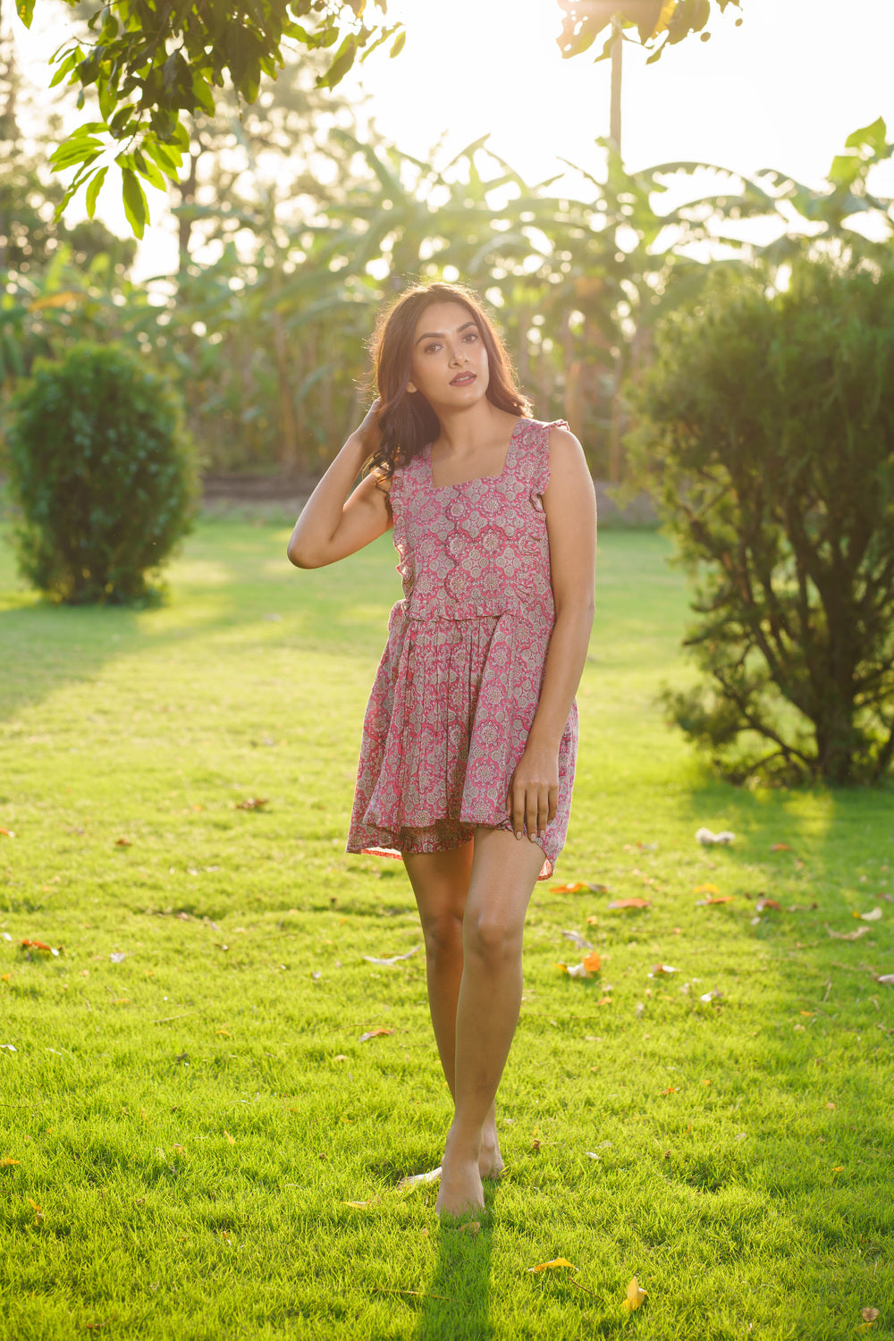 Elsa Pink Cotton Block Print Ruffled Co-ord Set