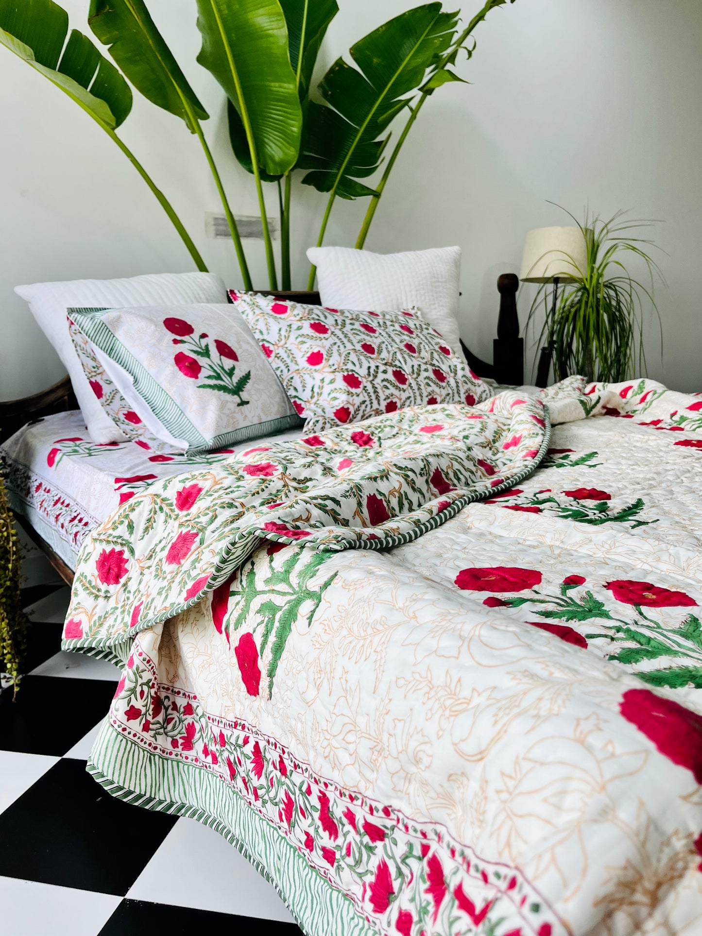 Red Poppy Hand Block Printed Cotton Quilt
