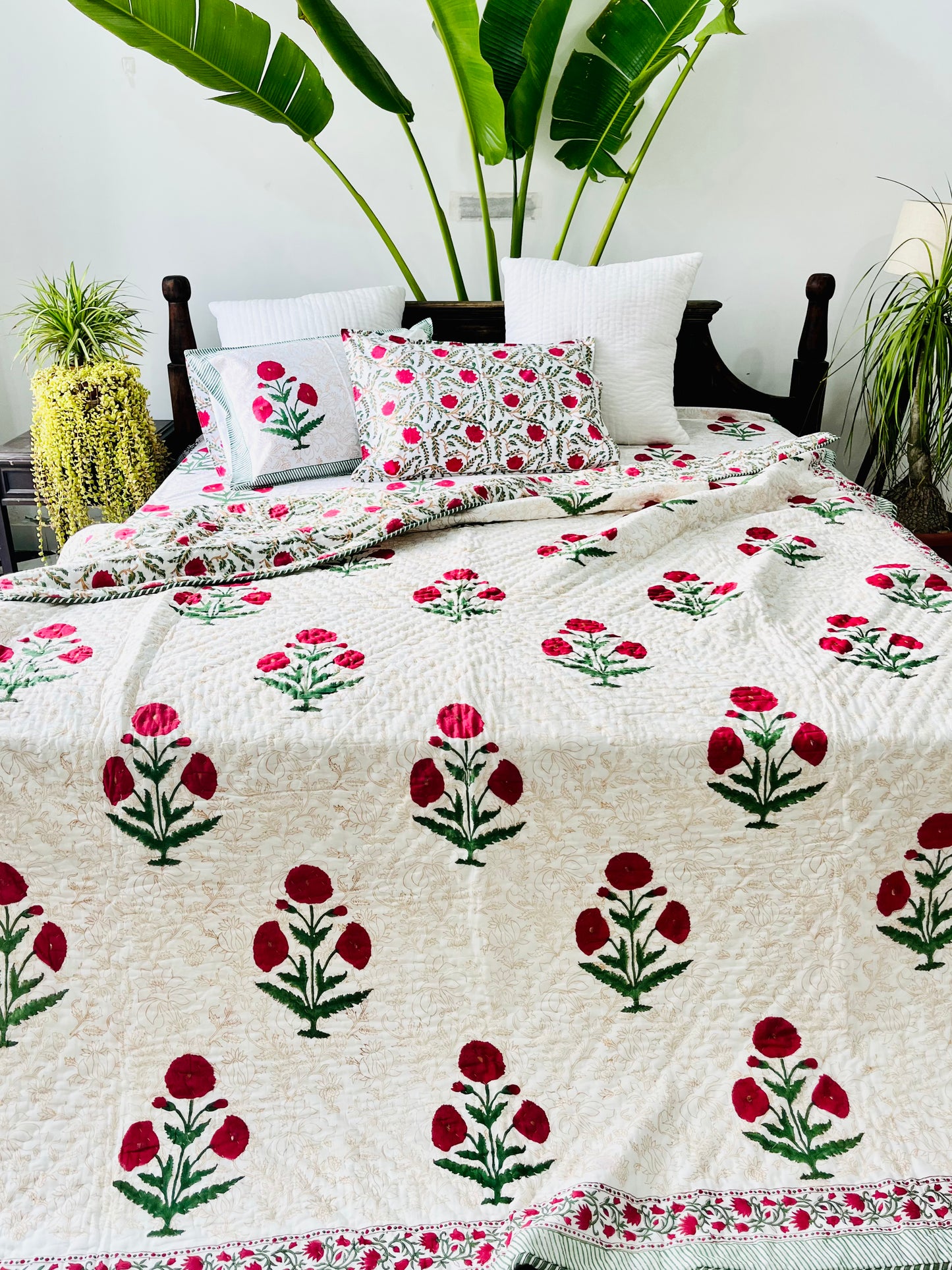 Red Poppy Hand Block Printed Cotton Quilt
