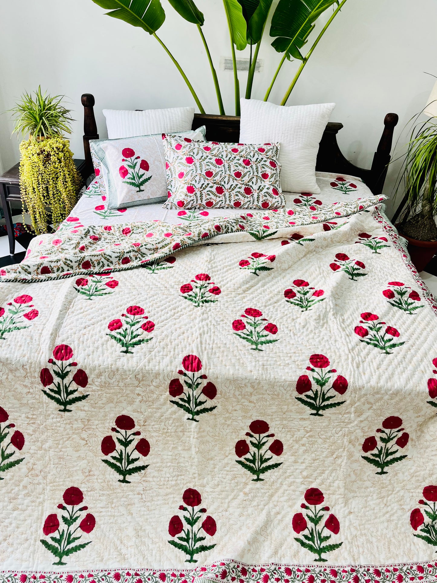 Red Poppy Hand Block Printed Cotton Quilt