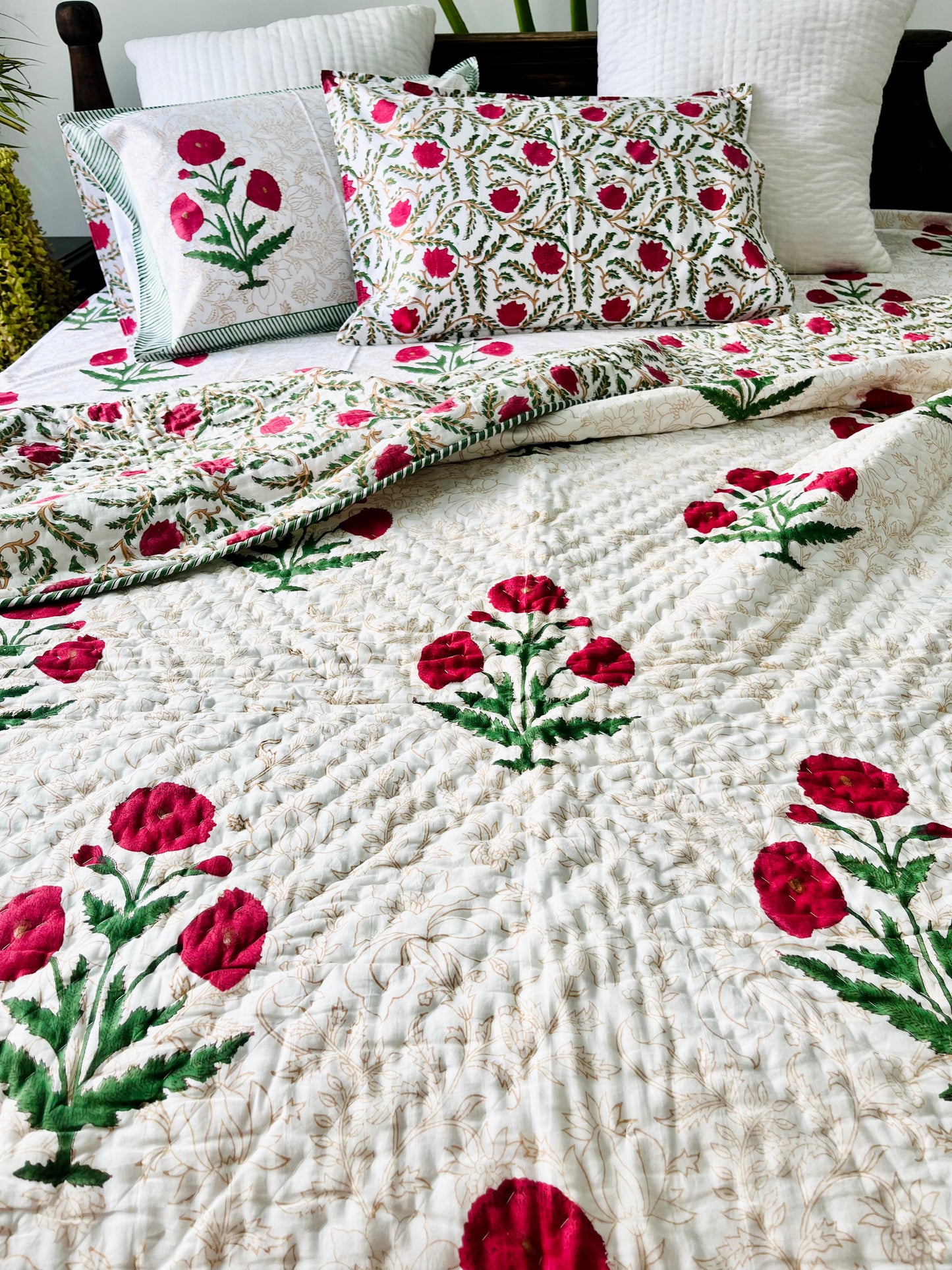 Red Poppy Hand Block Printed Cotton Quilt