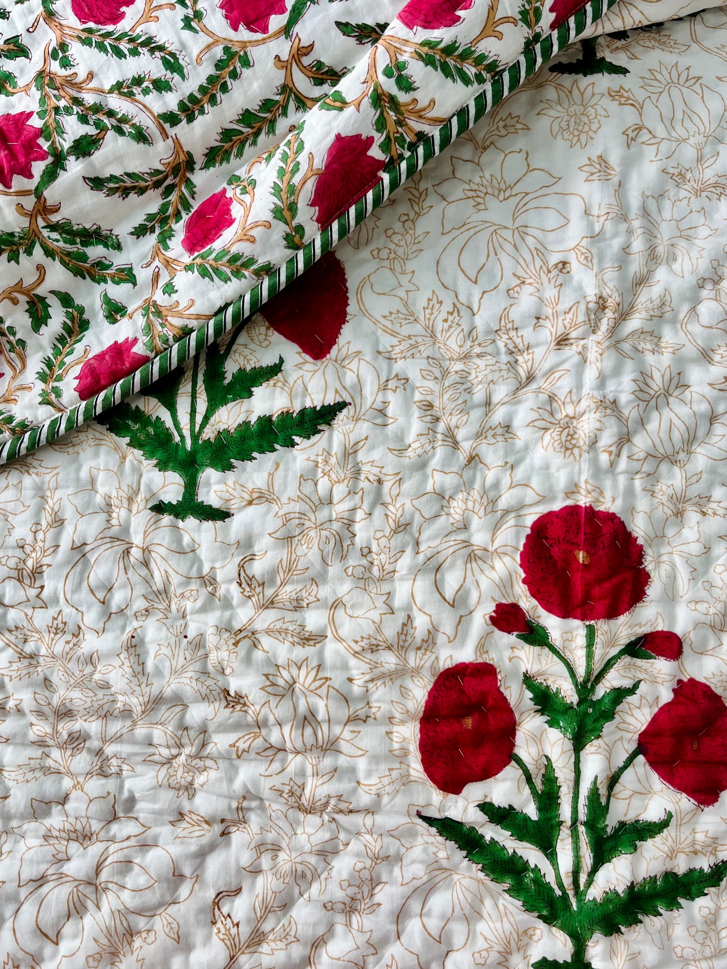 Red Poppy Hand Block Printed Cotton Quilt
