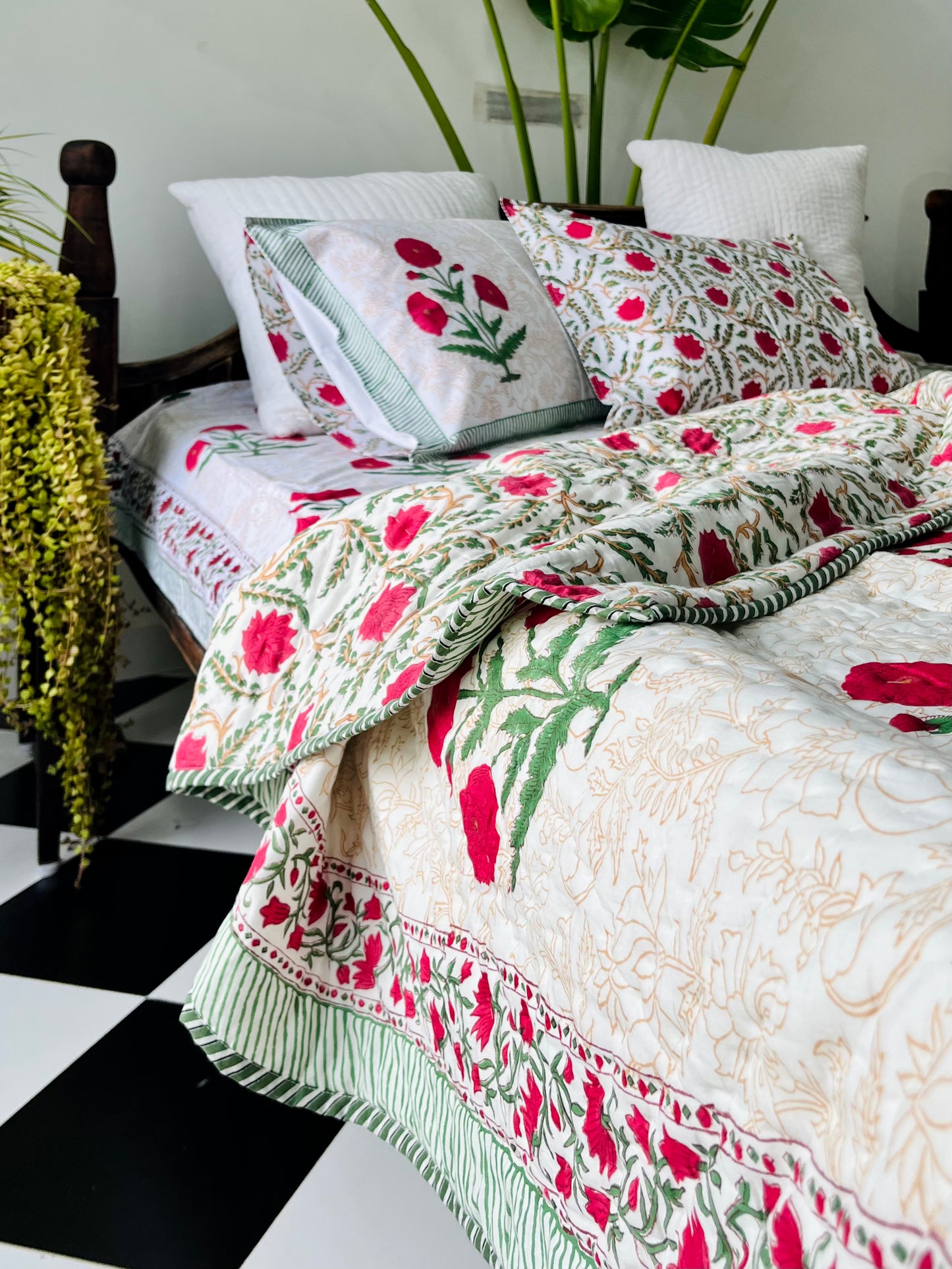 Red Poppy Hand Block Printed Cotton Quilt