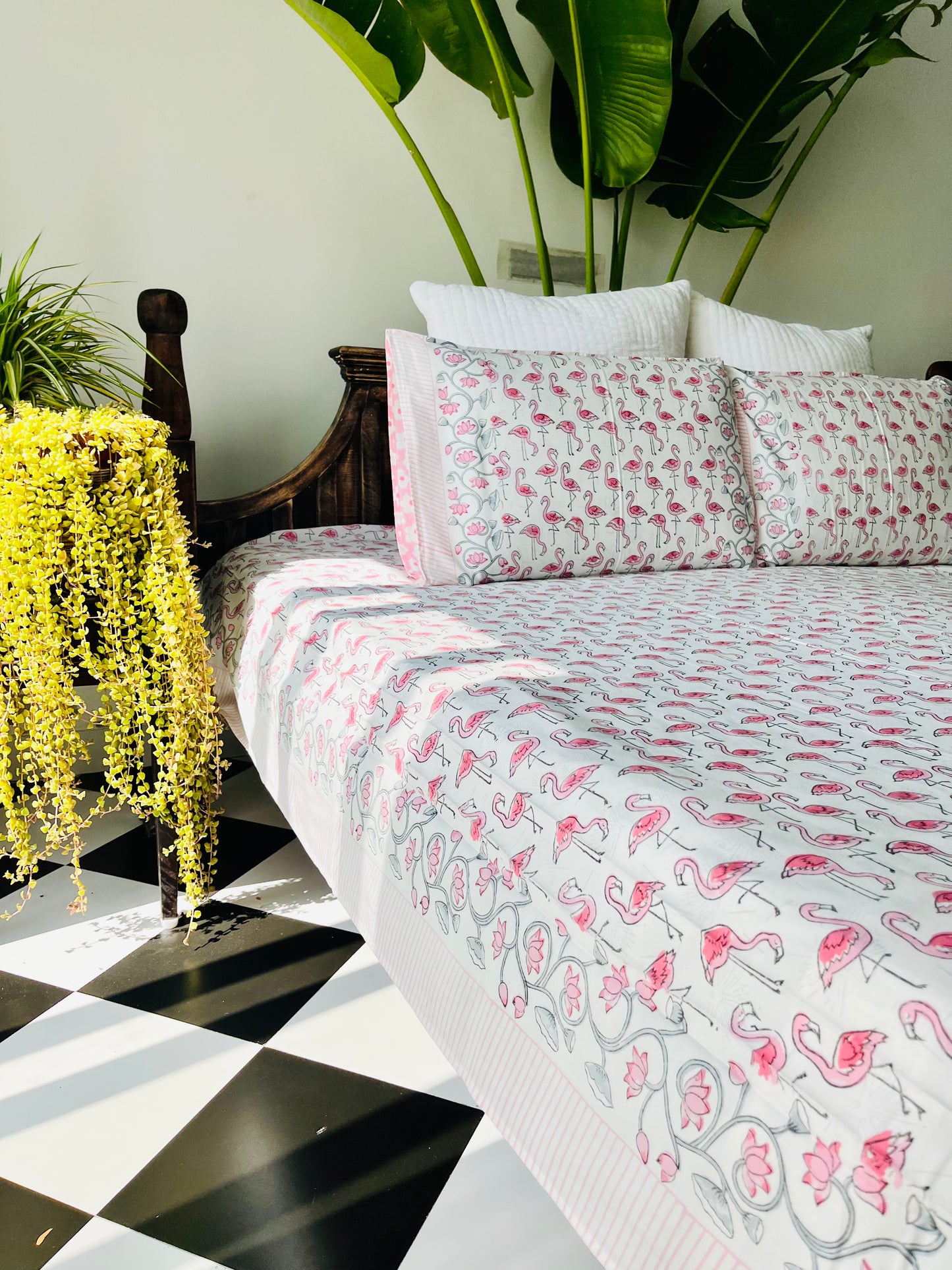 Flamingo Hand Block Printed Cotton Bedsheet