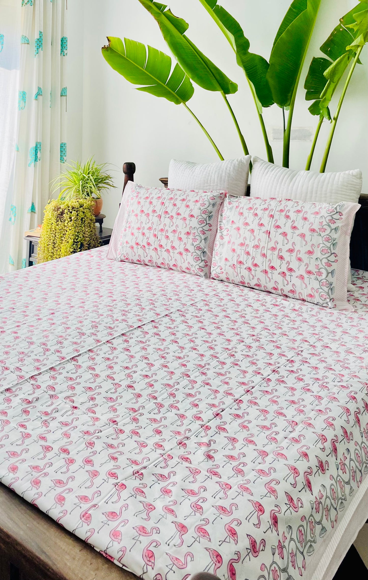 Flamingo Hand Block Printed Cotton Bedsheet