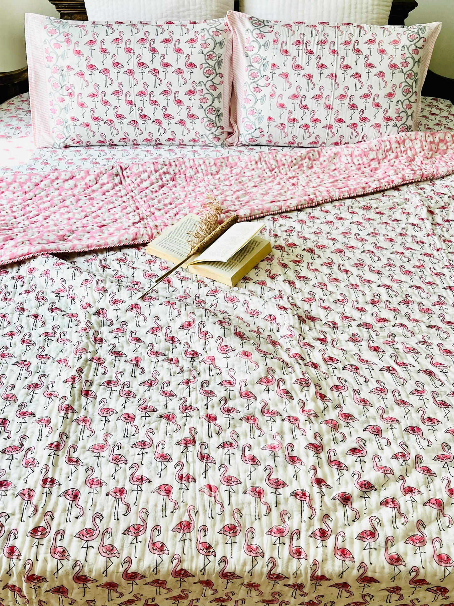 Flamingo Hand Block Printed Cotton Quilt