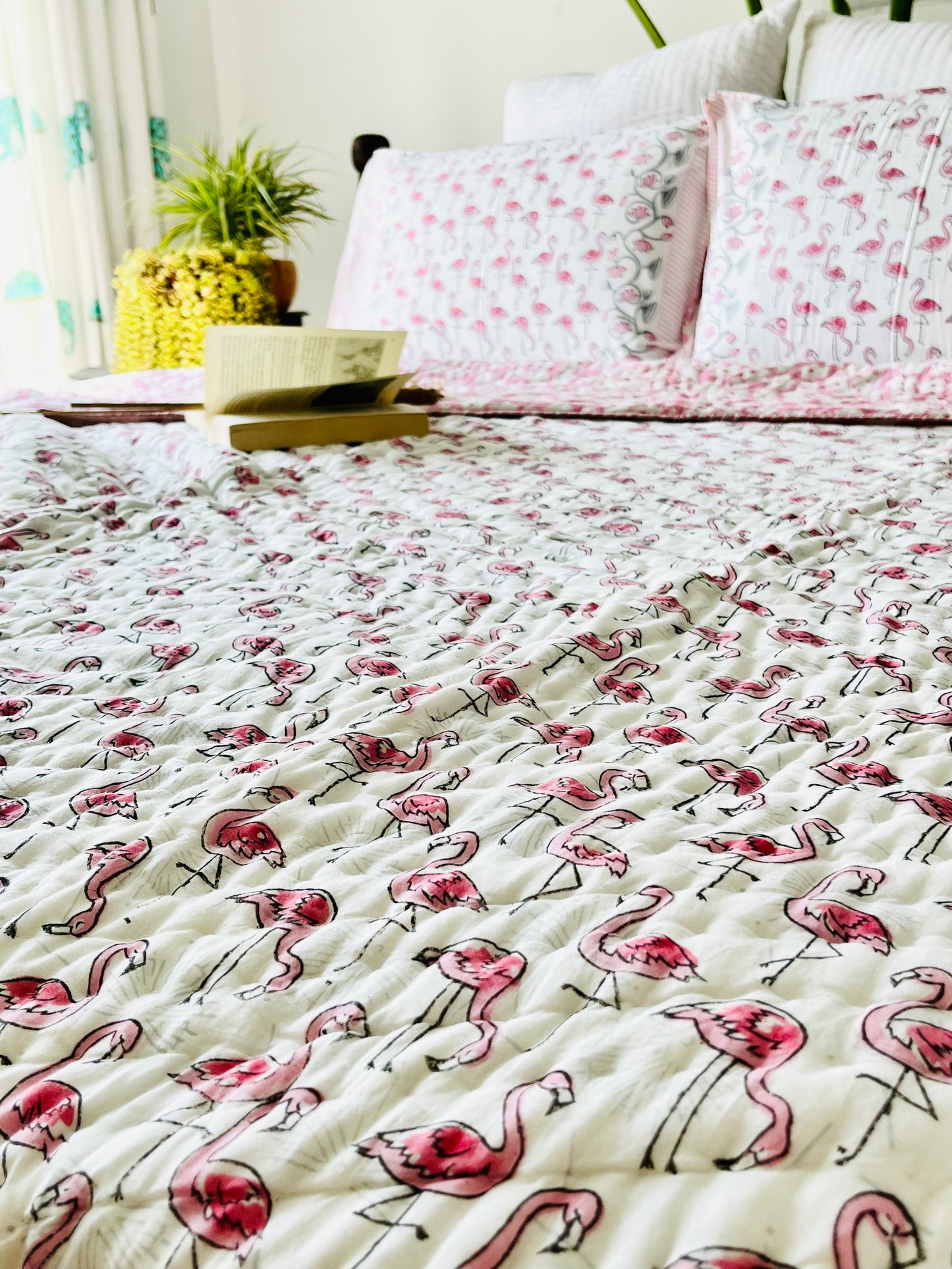 Flamingo Hand Block Printed Cotton Quilt
