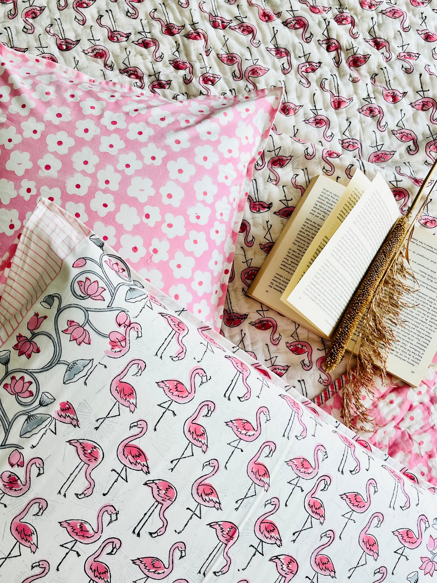 Flamingo Hand Block Printed Cotton Quilt