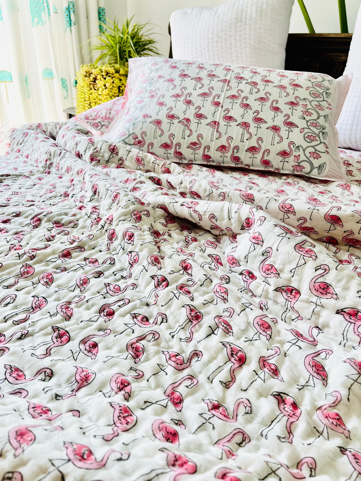 Flamingo Hand Block Printed Cotton Quilt