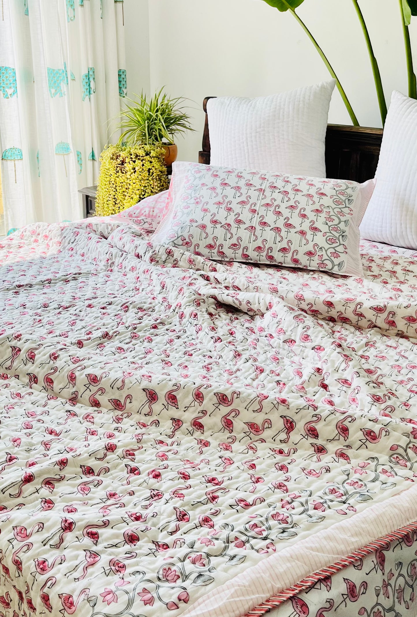 Flamingo Hand Block Printed Cotton Quilt