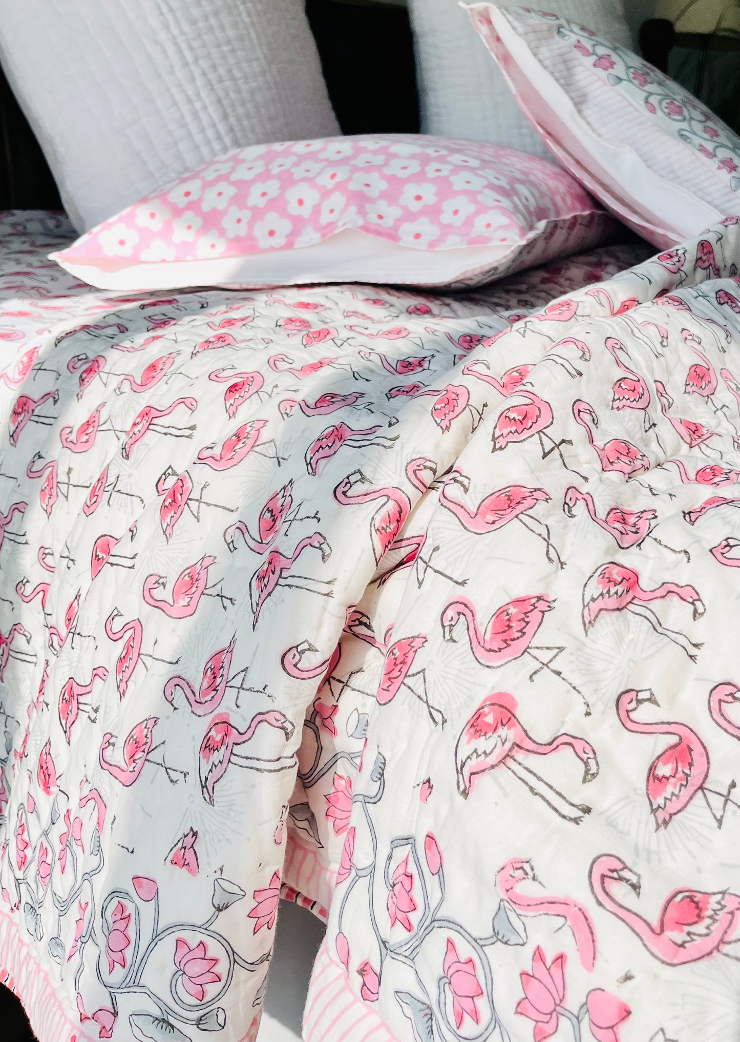 Flamingo Hand Block Printed Cotton Quilt