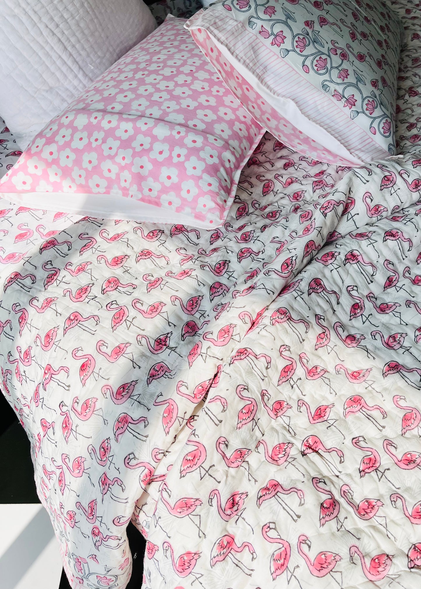 Flamingo Hand Block Printed Cotton Quilt