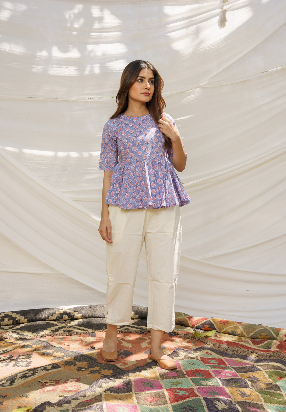 Peplum Lilac Cotton Block Print Top