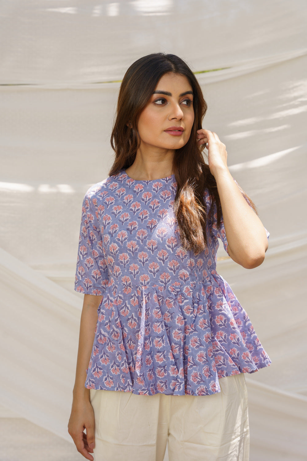 Peplum Lilac Cotton Block Print Top