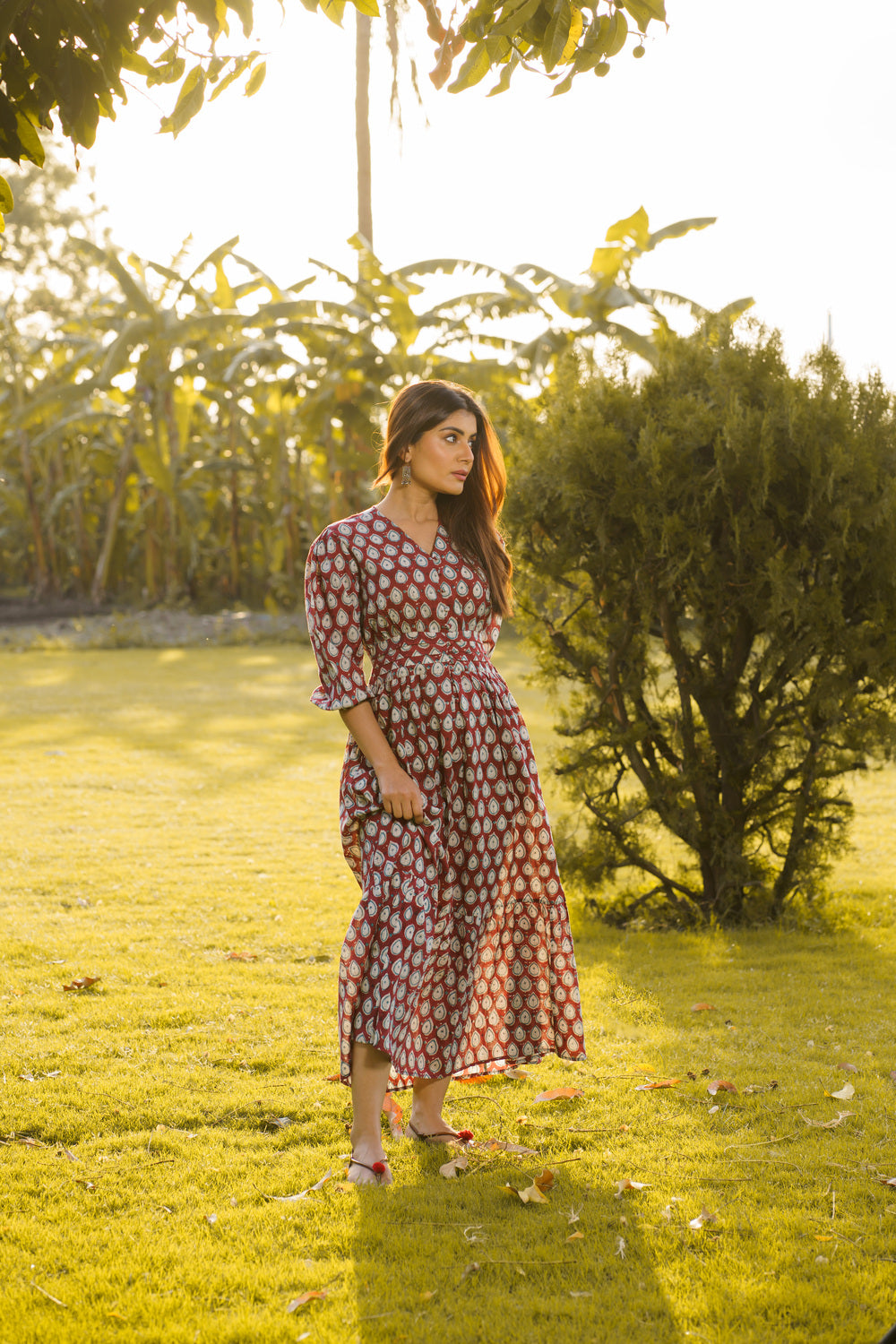 Gulbahar Maroon Cotton Hand Block Print Maxi Dress