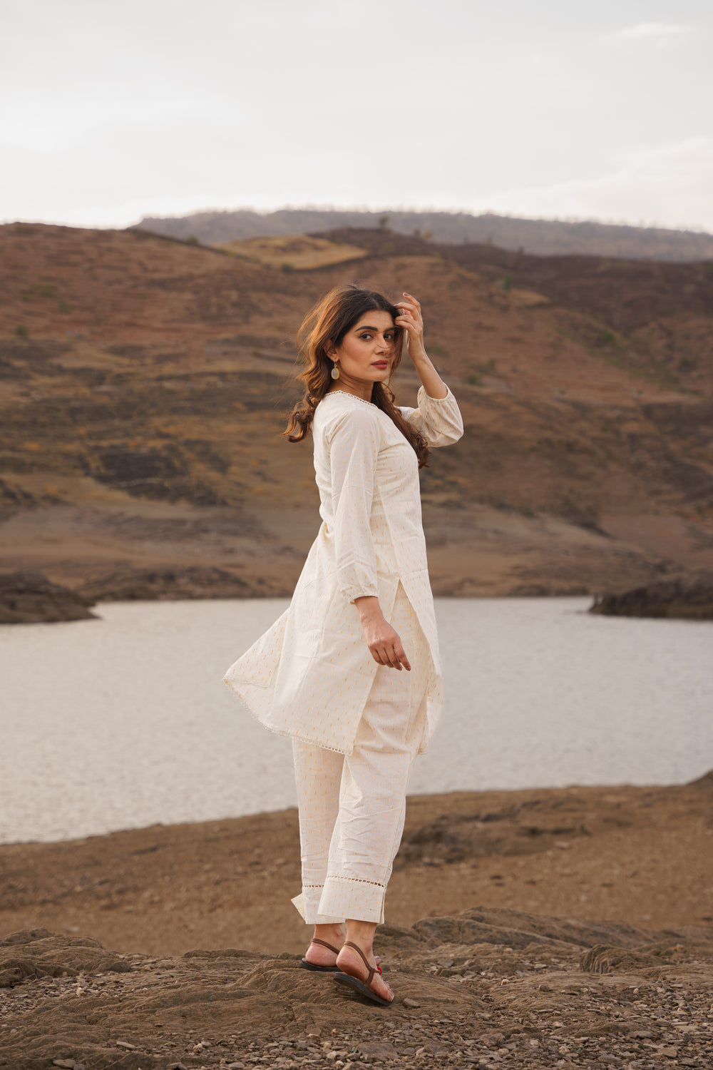 Noor Offwhite Golden Swiss Dot Cotton Co-ord Set
