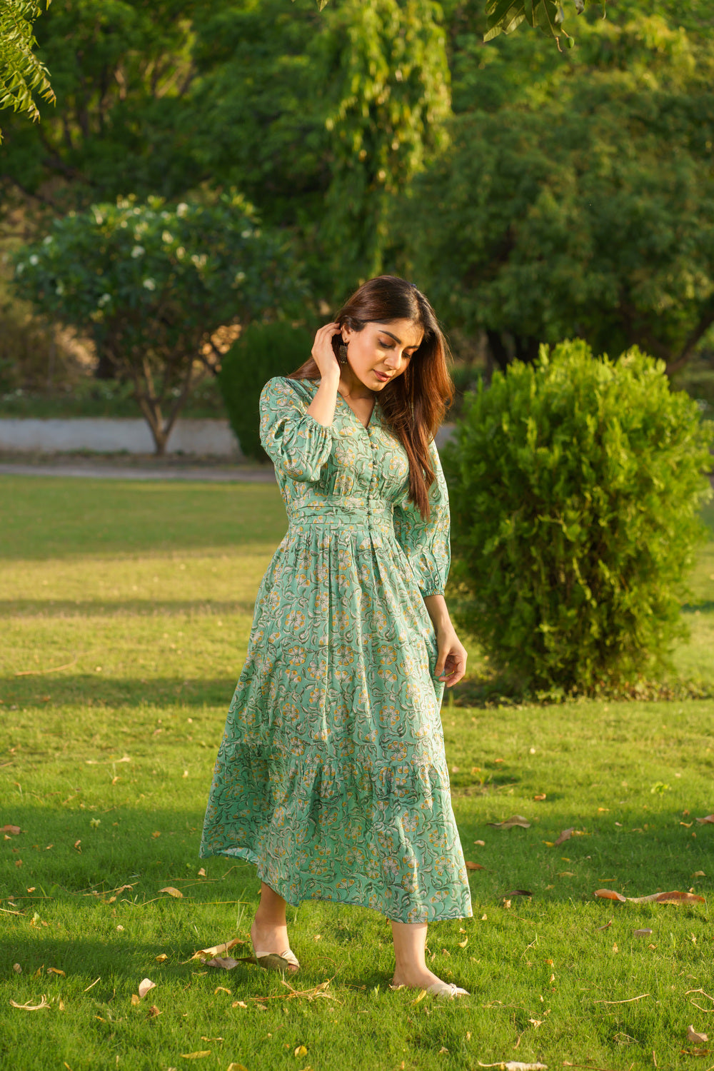 Gulbahar Mint Green Cotton Block Print Maxi Dress Arbudaa home Gulbahar Mint Green Cotton Block Print Maxi Dress Arbudaa home