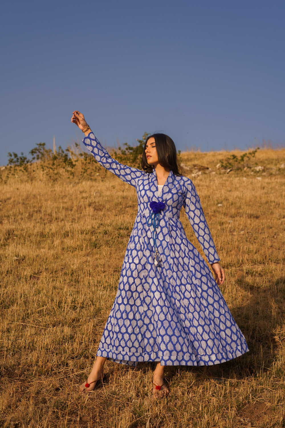Sufiana Blue Cotton Hand Block Print Maxi Dress