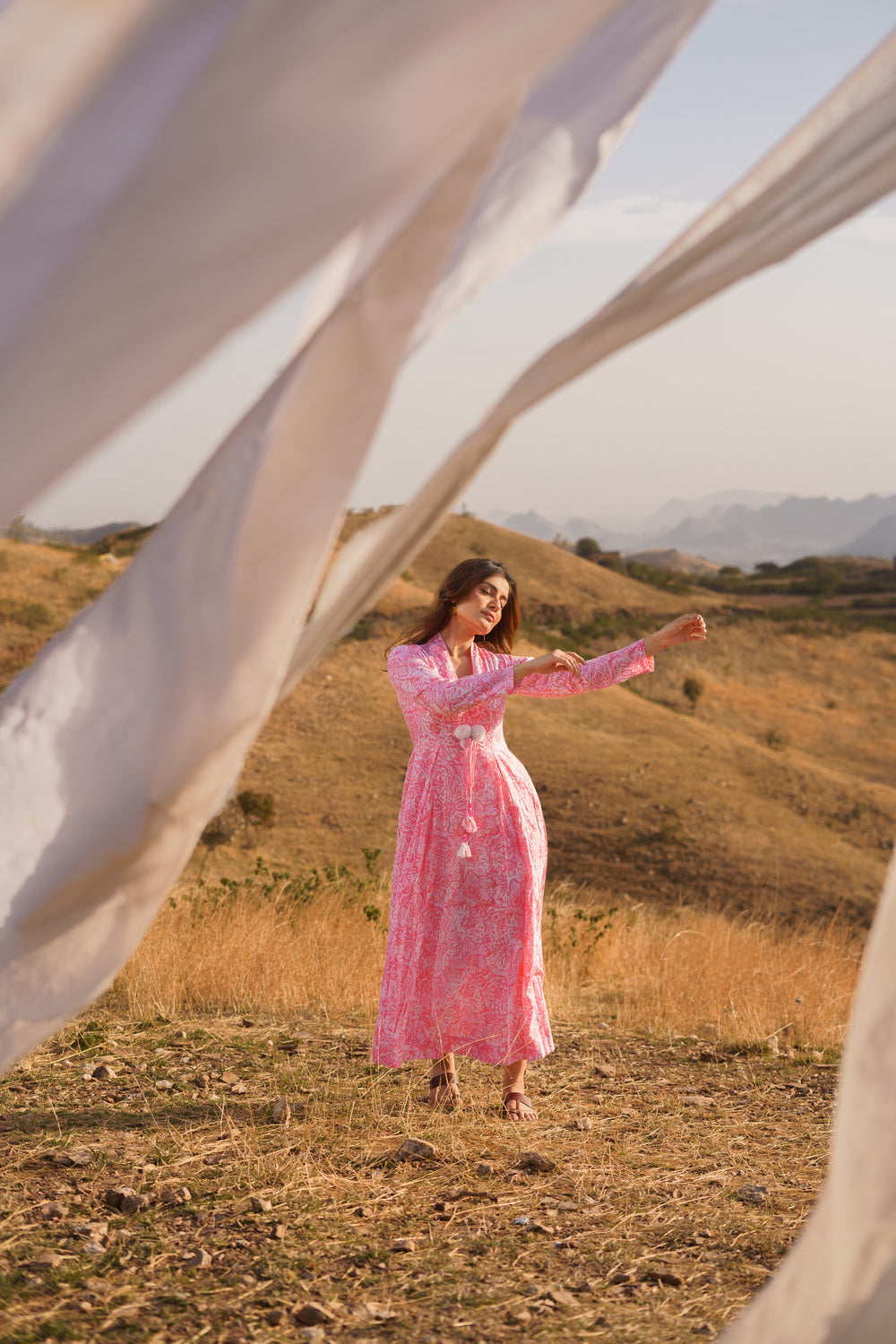 Sufiana Pink Cotton Block Print Maxi Dress