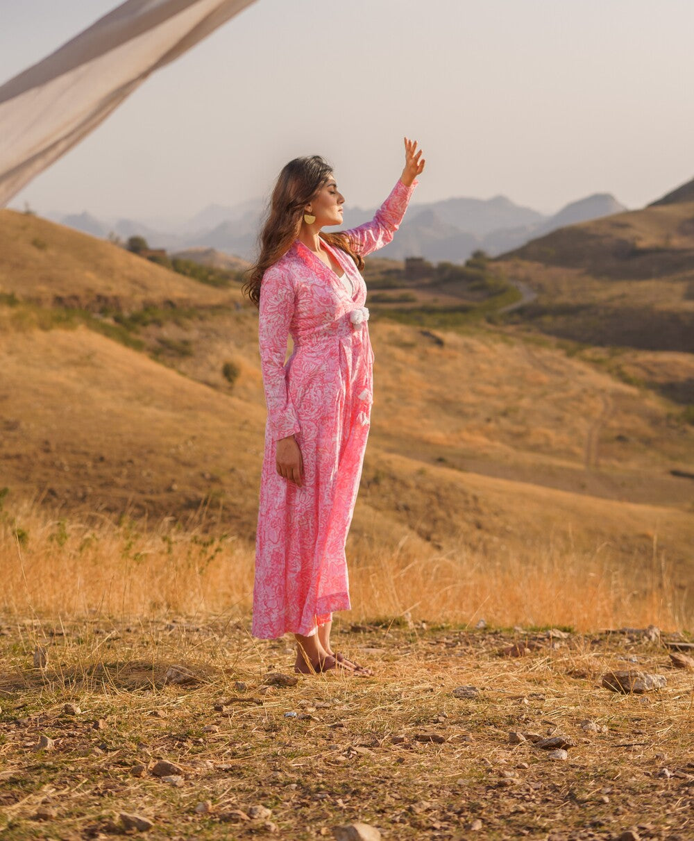 Sufiana Pink Cotton Block Print Maxi Dress