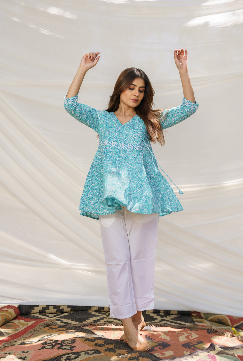 Angrakha Turquoise Cotton Block Print Top