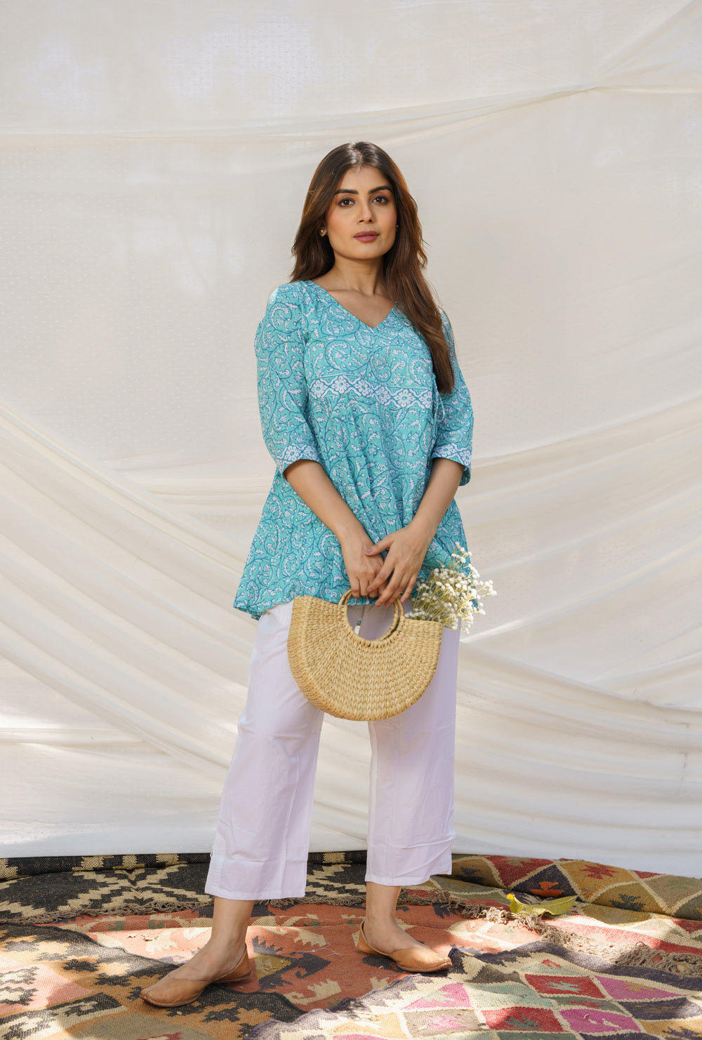 Angrakha Turquoise Cotton Block Print Top