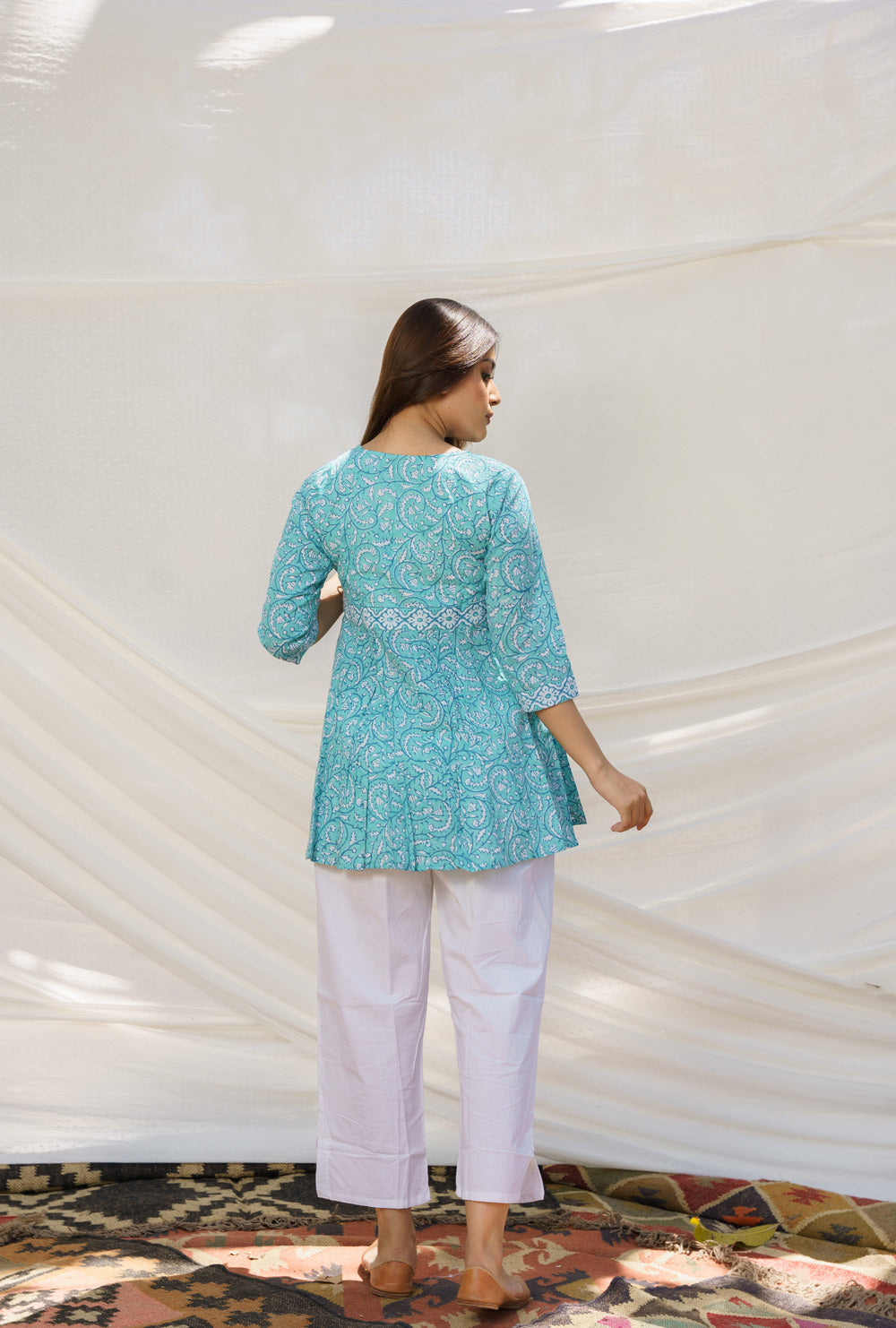 Angrakha Turquoise Cotton Block Print Top