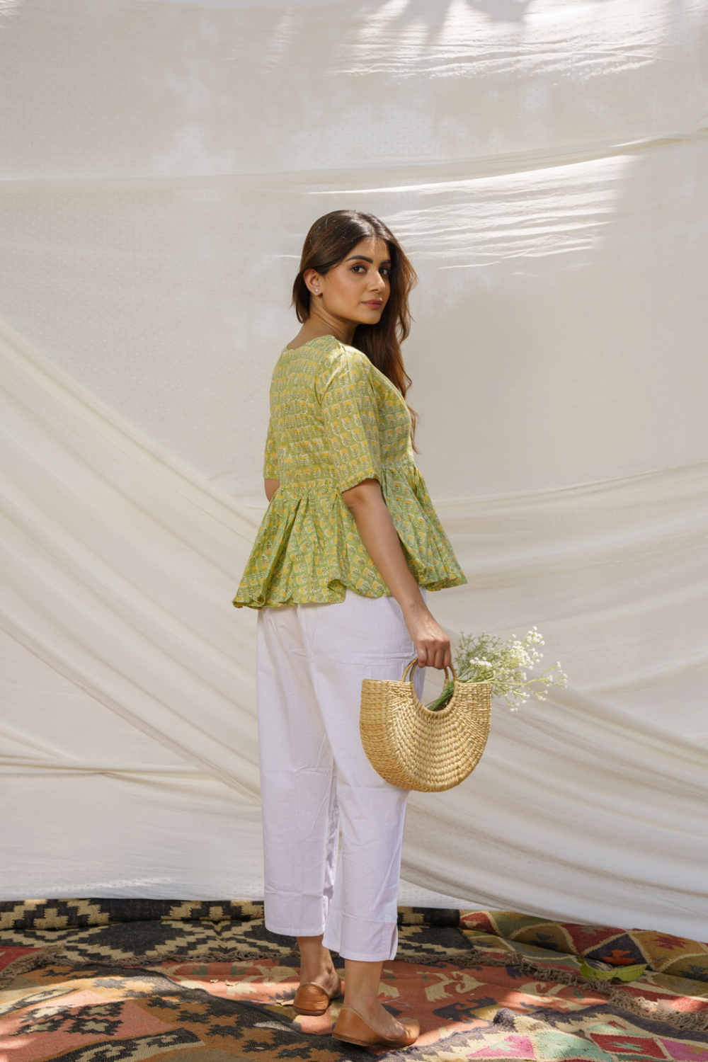 Peplum Yellowish Green Cotton Block Print Top