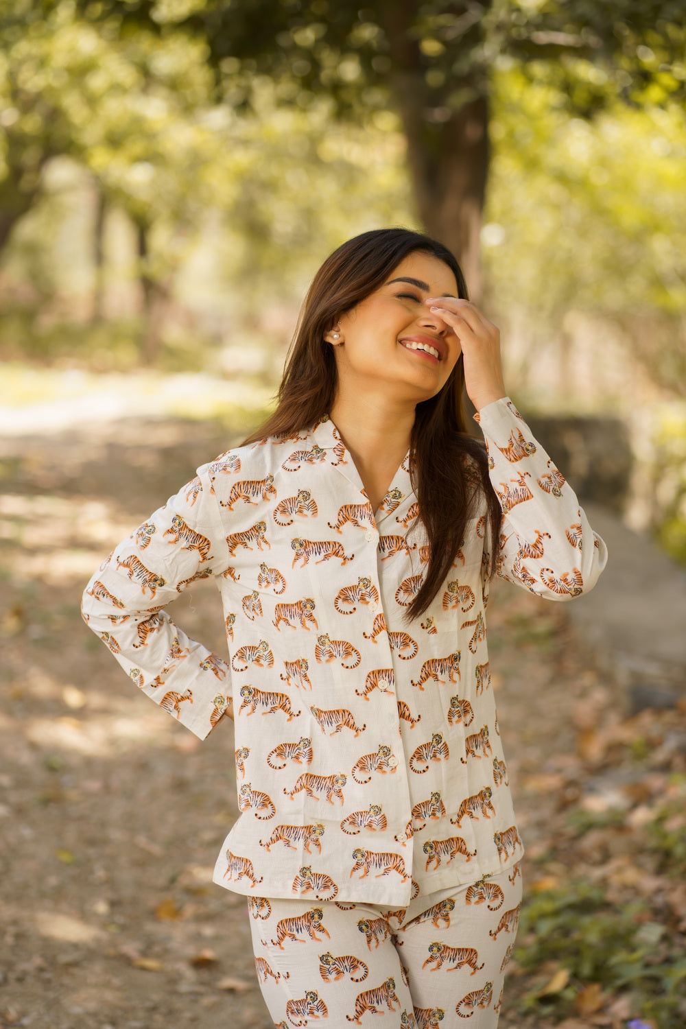 White Tiger Print Cotton Loungewear Pj set