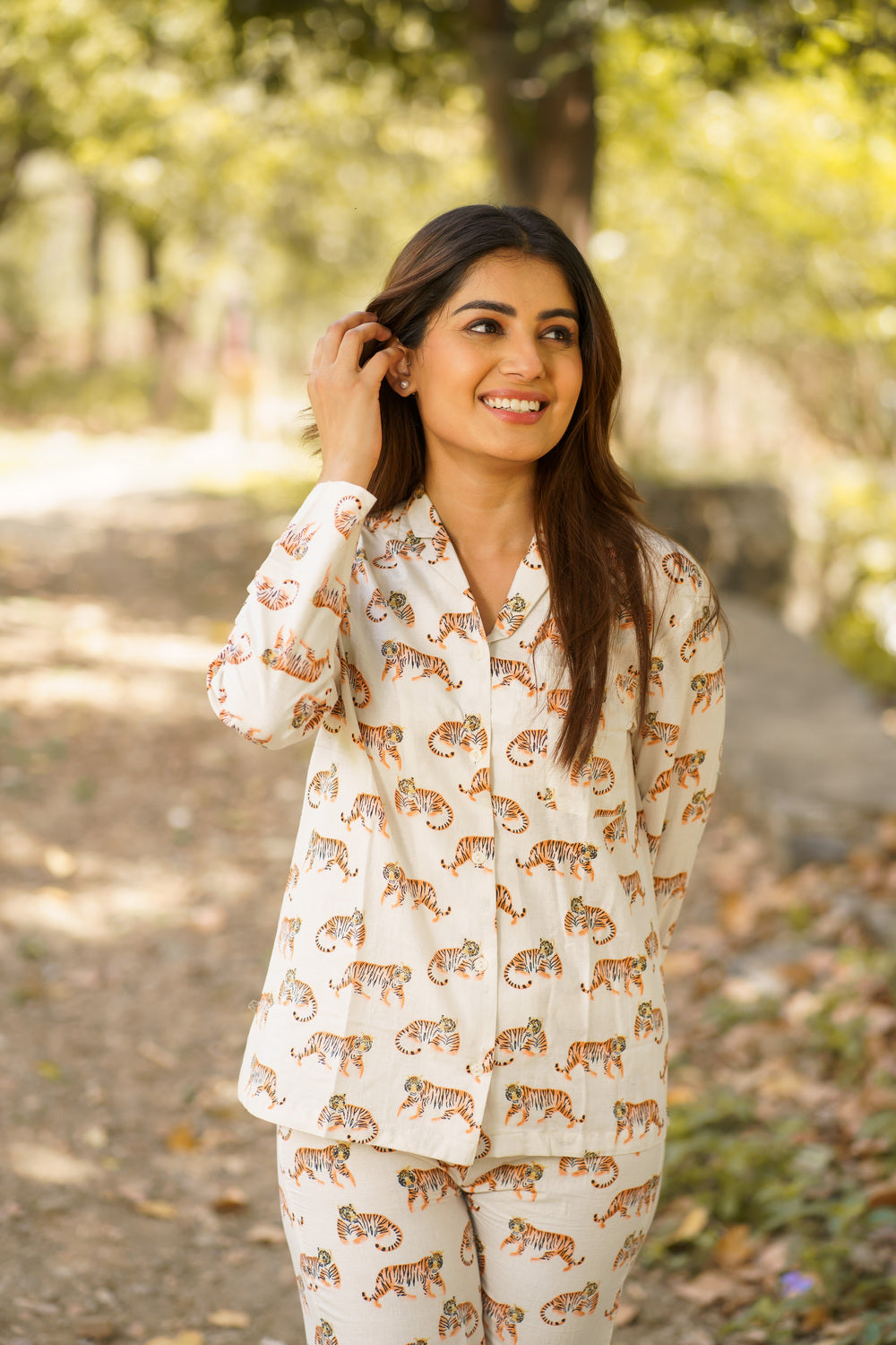 White Tiger Print Cotton Loungewear Pj set