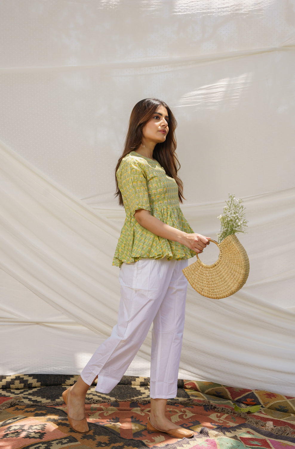 Peplum Yellowish Green Cotton Block Print Top