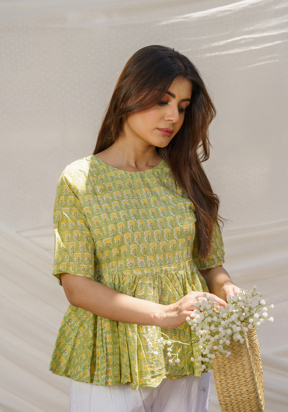 Peplum Yellowish Green Cotton Block Print Top