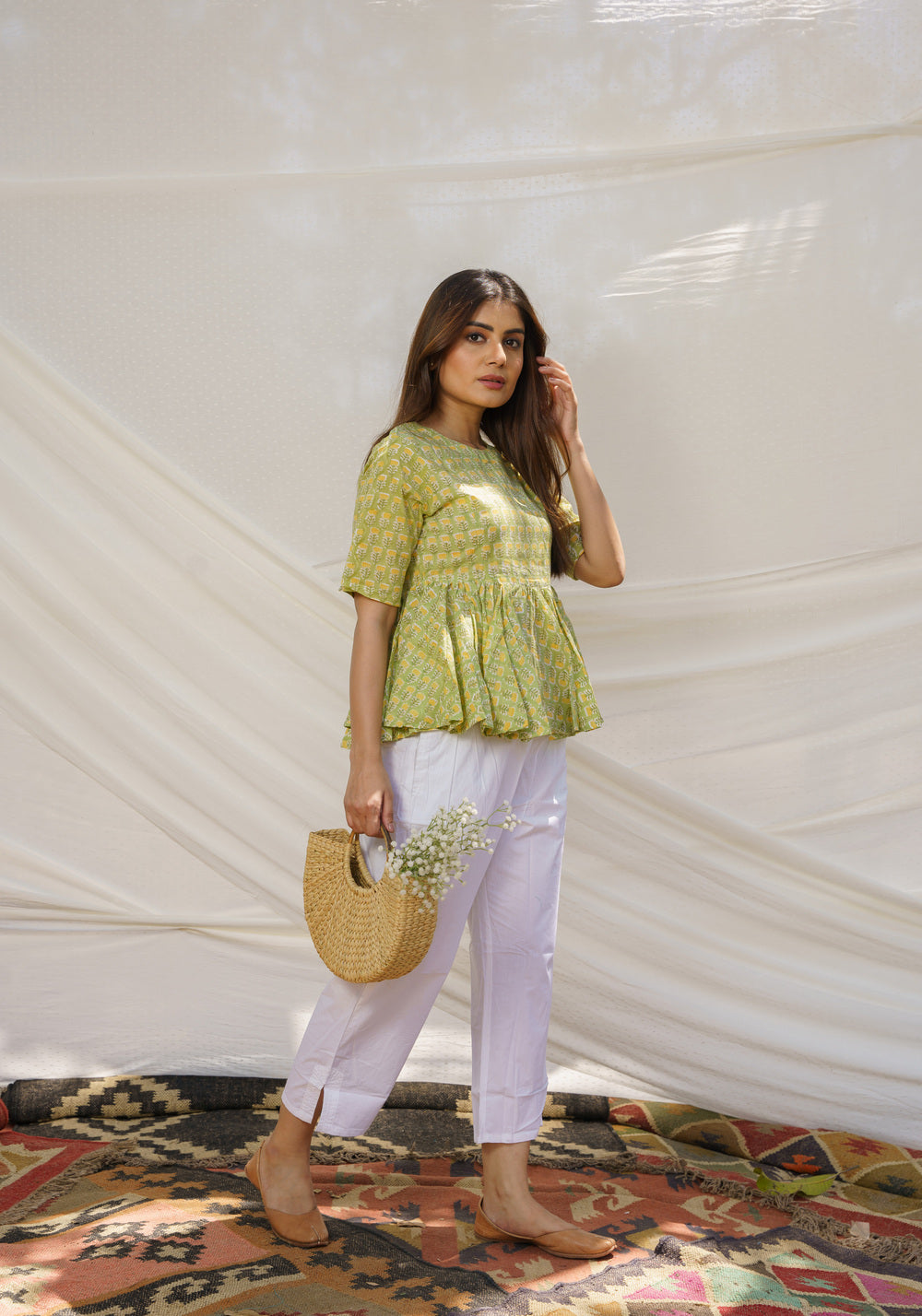 Peplum Yellowish Green Cotton Block Print Top