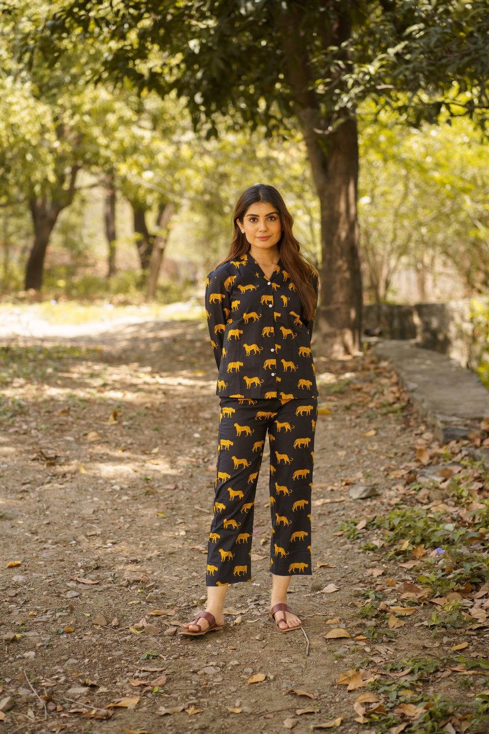 Black Leopard Print Cotton Loungewear Pj set