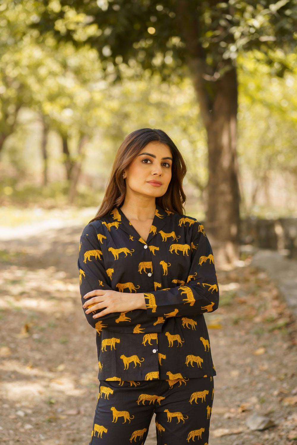 Black Leopard Print Cotton Loungewear Pj set