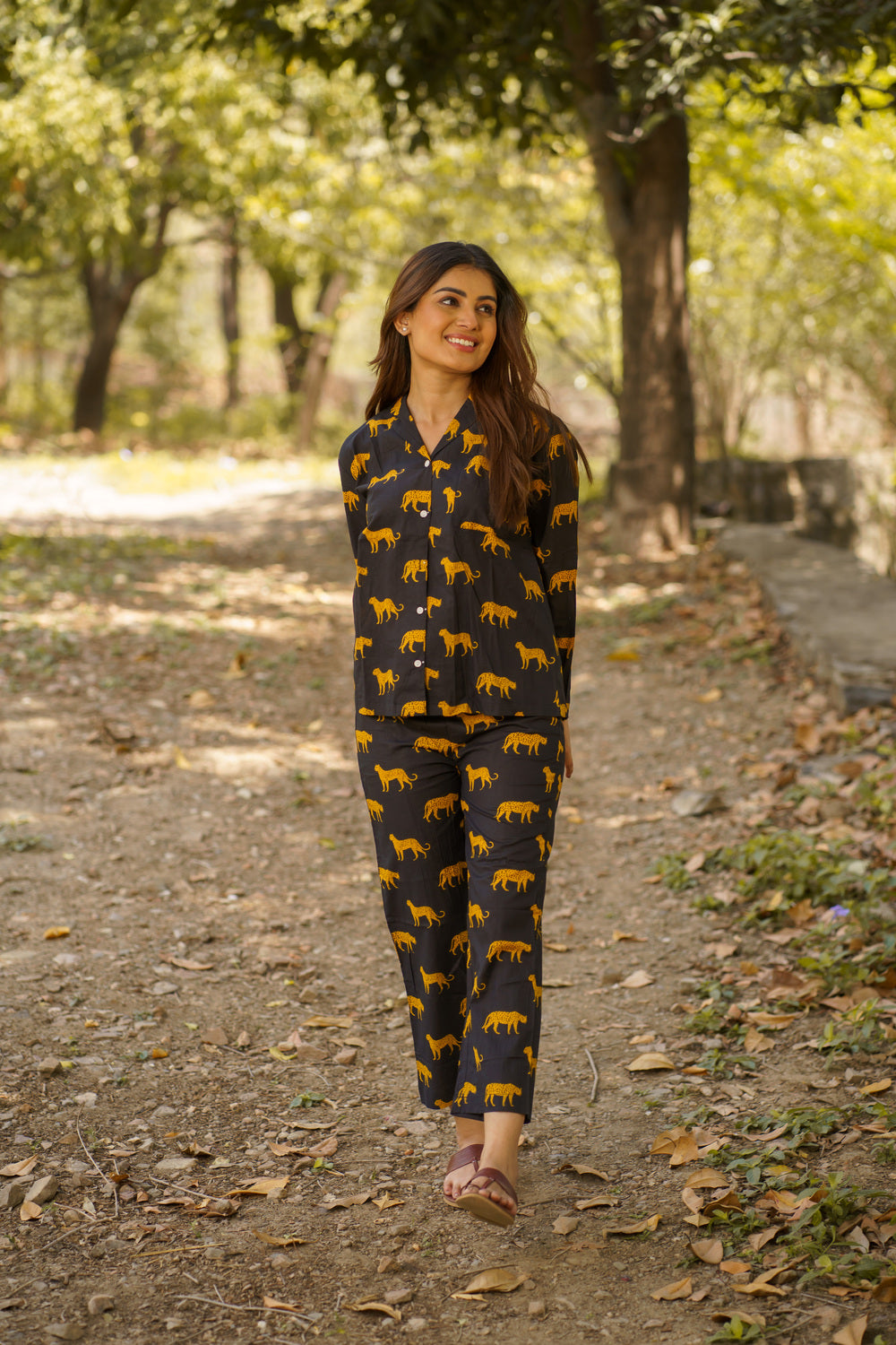 Black Leopard Print Cotton Loungewear Pj set